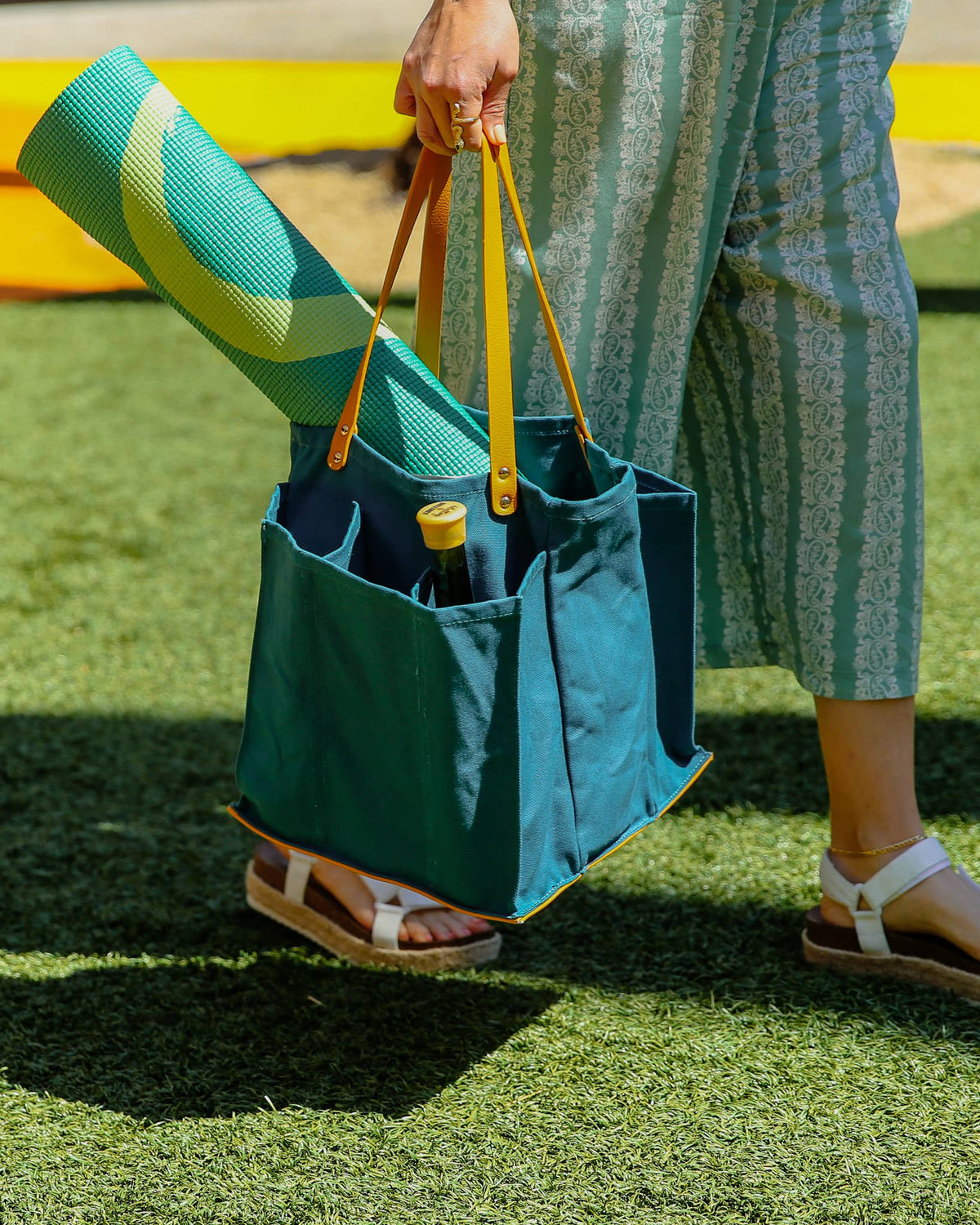 Heavy Canvas Tote Bag | Reusable Multi-Pocket Market Tote: Petrol Blue with Mustard Handles and Base