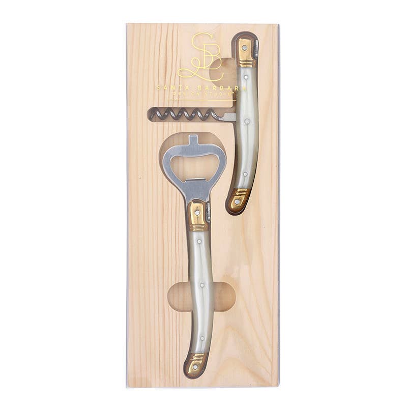 Corkscrew Set in Wood Tray: Wood Tray: 9.5" L x 4" W x .6" D ,  Bottle Opener: 6.25" L ,  Corksrew: 4.5" L