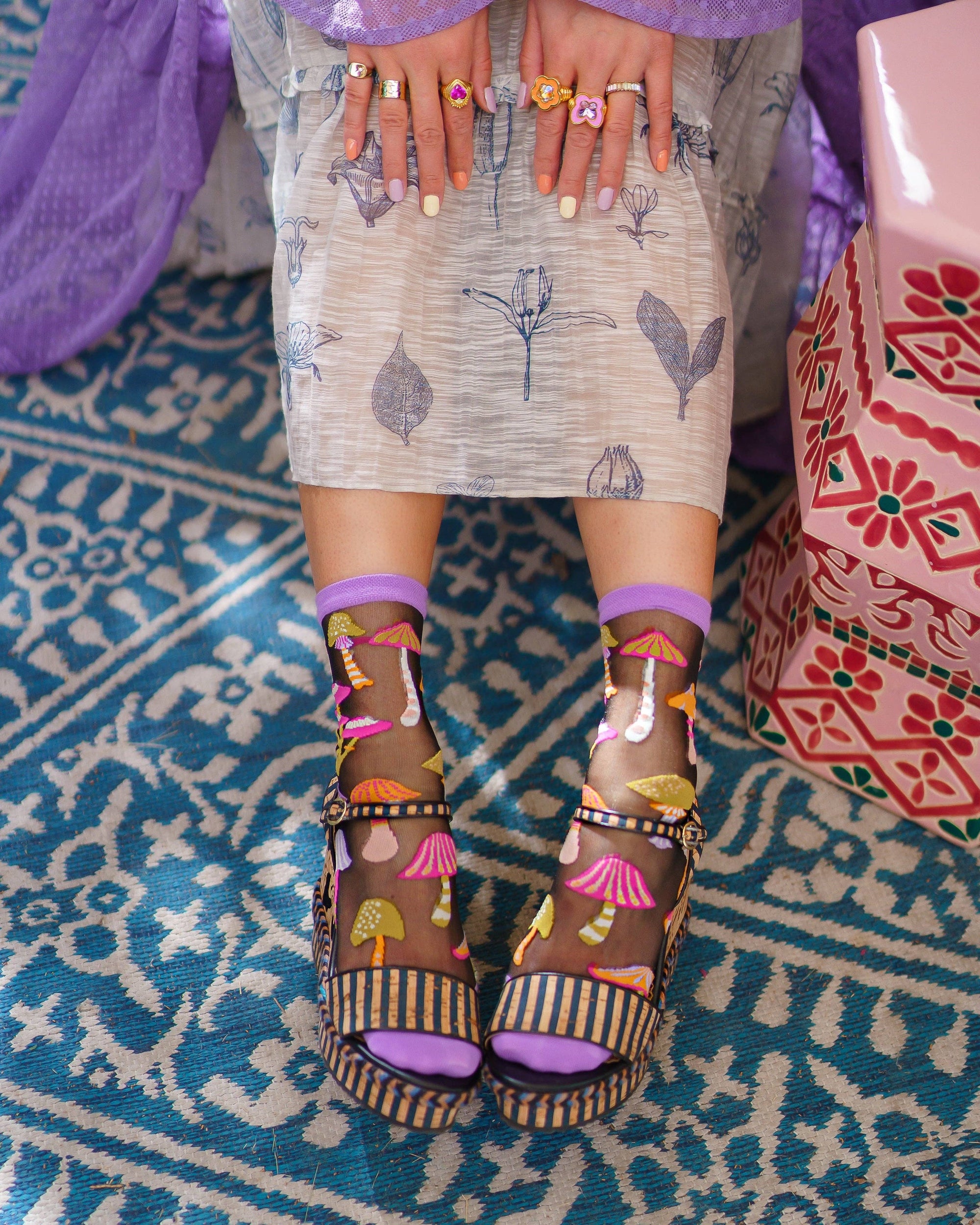 Magic Mushrooms Black Sheer Crew Socks