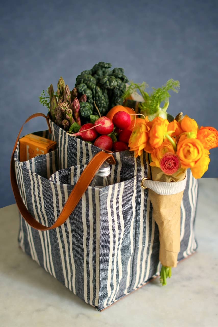 Heavy Canvas Tote Bag | Reusable Multi-Pocket Market Tote: Petrol Blue with Mustard Handles and Base