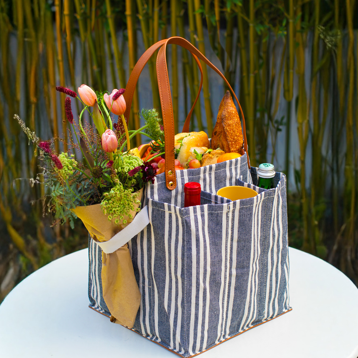 Heavy Canvas Tote Bag | Reusable Multi-Pocket Market Tote: Petrol Blue with Mustard Handles and Base