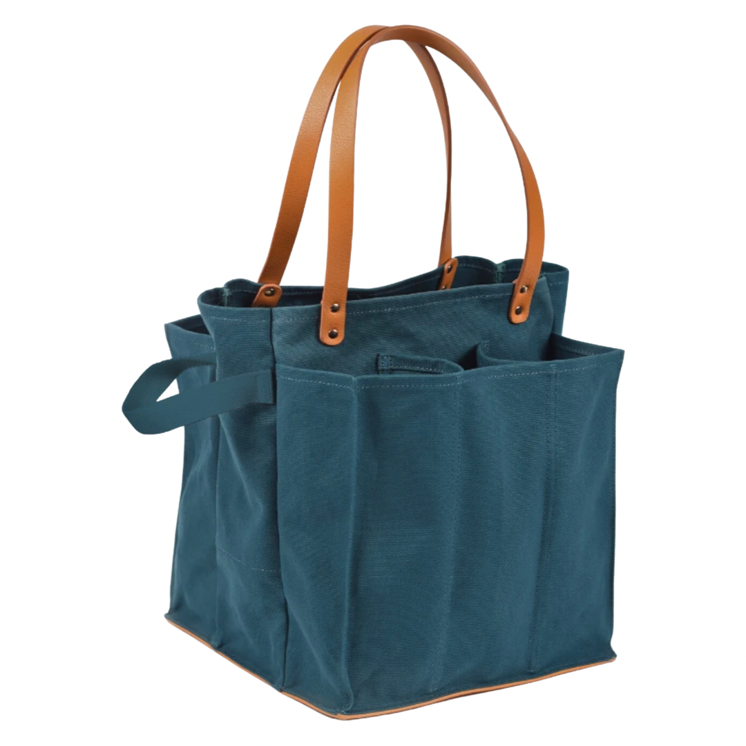 Heavy Canvas Tote Bag | Reusable Multi-Pocket Market Tote: Petrol Blue with Mustard Handles and Base