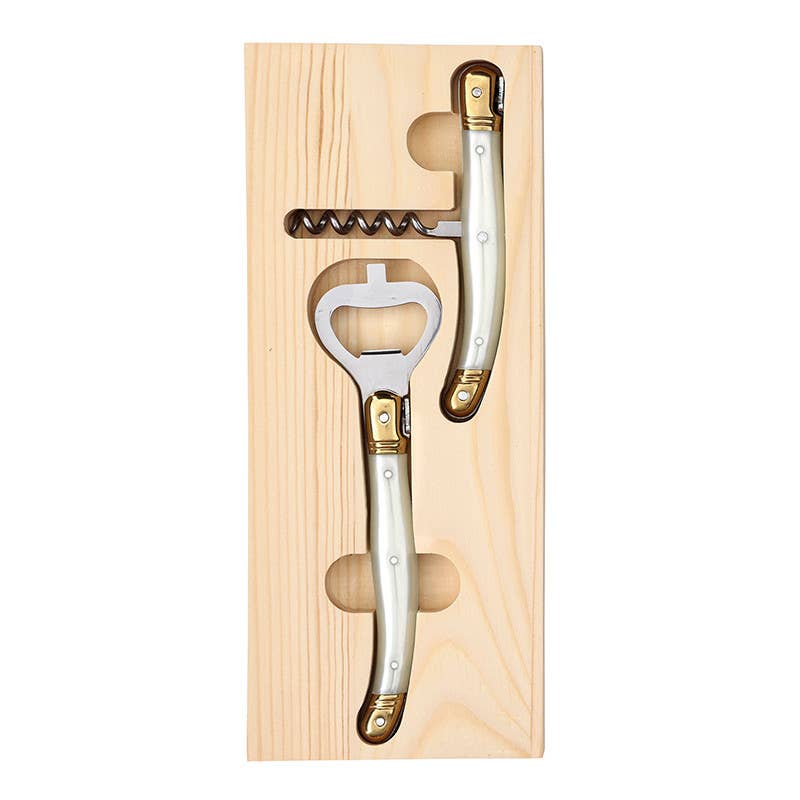Corkscrew Set in Wood Tray: Wood Tray: 9.5" L x 4" W x .6" D ,  Bottle Opener: 6.25" L ,  Corksrew: 4.5" L