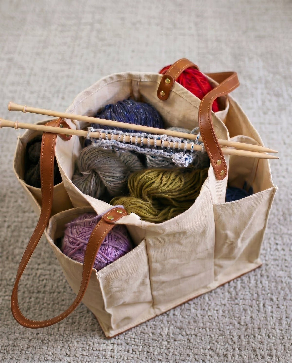 Heavy Canvas Tote Bag | Reusable Multi-Pocket Market Tote: Petrol Blue with Mustard Handles and Base