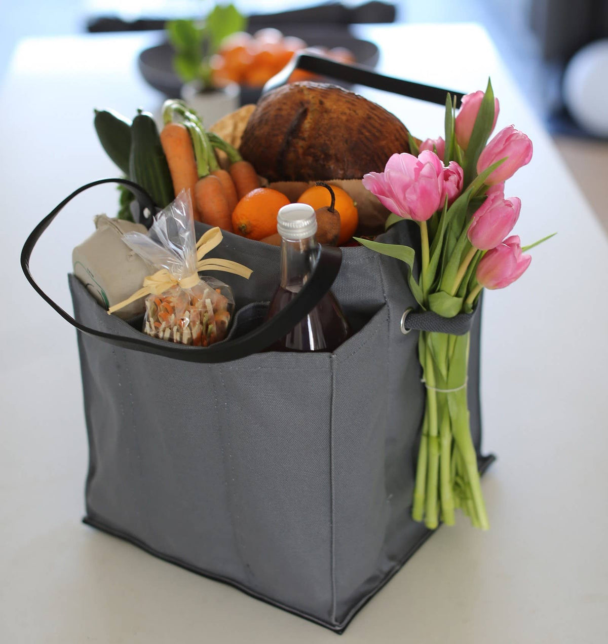 Heavy Canvas Tote Bag | Reusable Multi-Pocket Market Tote: Petrol Blue with Mustard Handles and Base