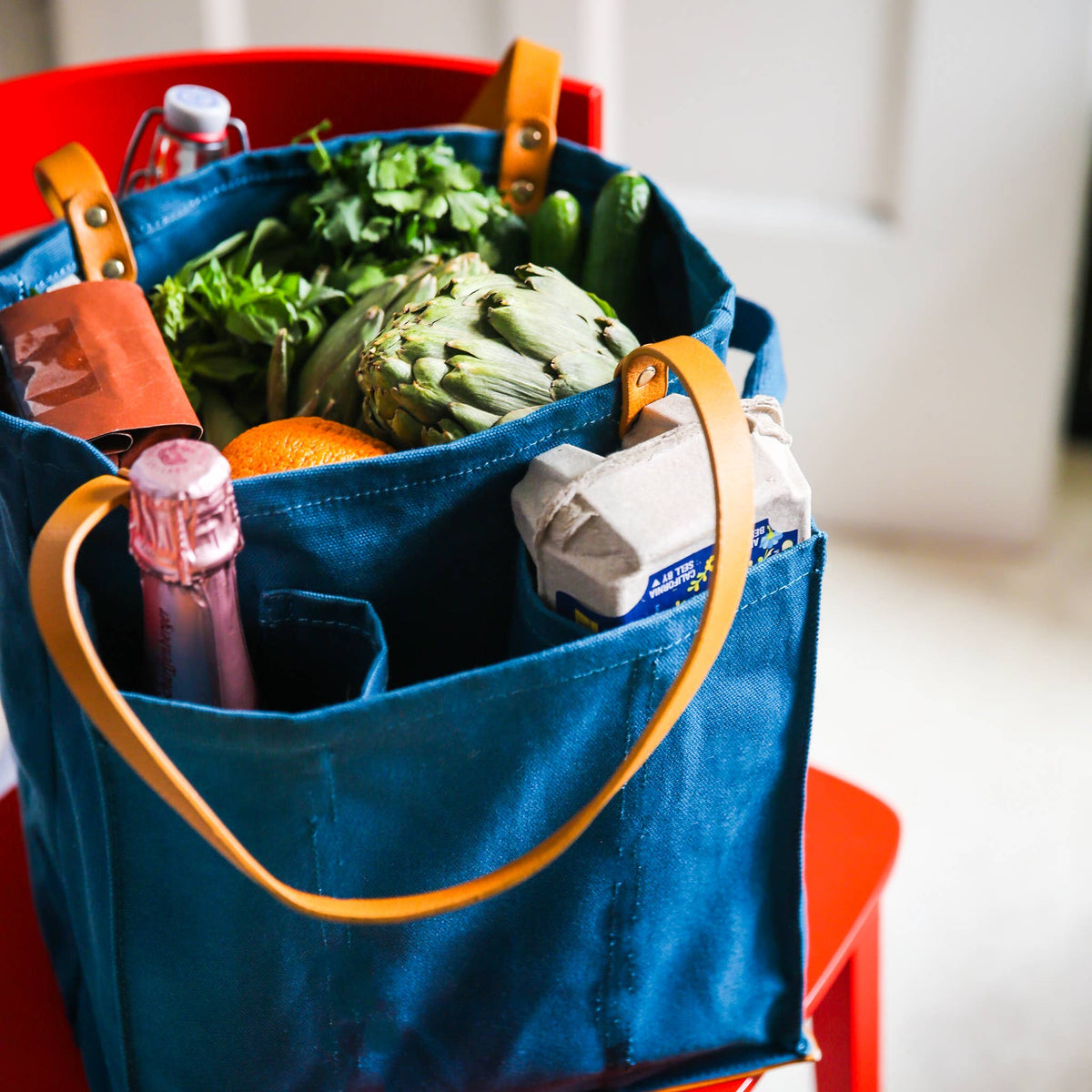 Heavy Canvas Tote Bag | Reusable Multi-Pocket Market Tote: Petrol Blue with Mustard Handles and Base