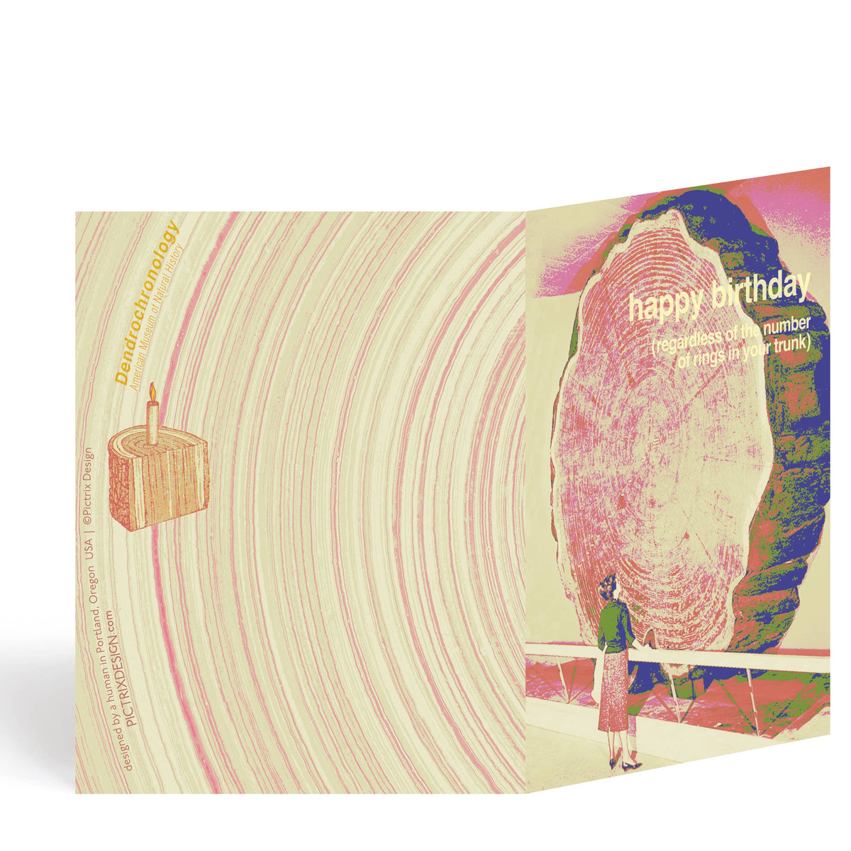 "Dendrochronology" A2 birthday card (woman): Recycled Kraft