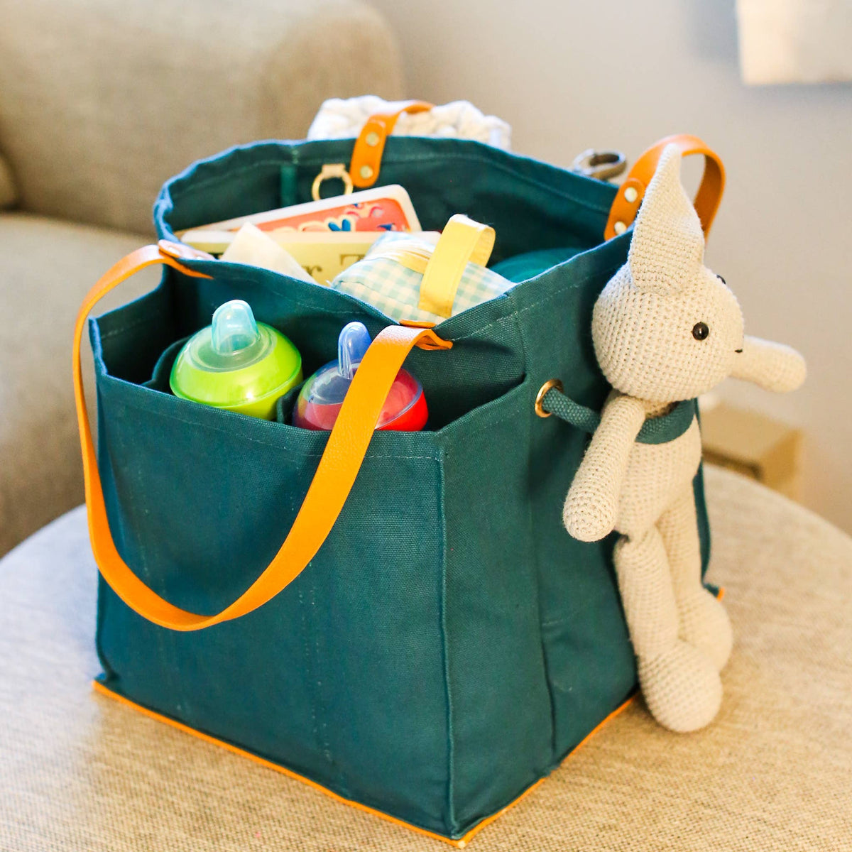 Heavy Canvas Tote Bag | Reusable Multi-Pocket Market Tote: Petrol Blue with Mustard Handles and Base