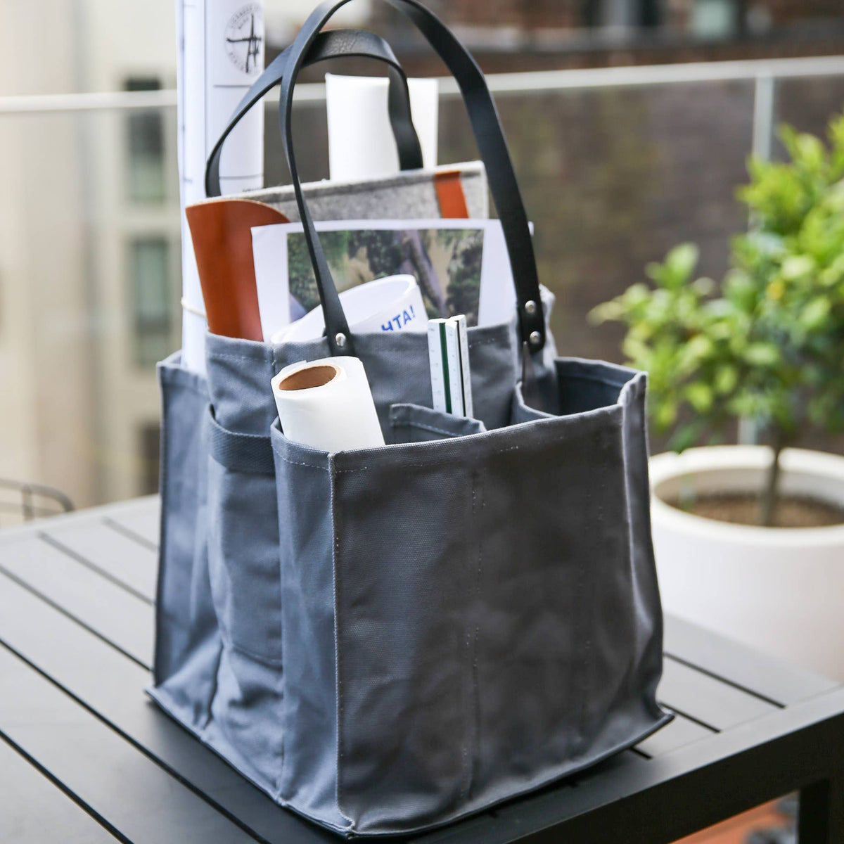 Heavy Canvas Tote Bag | Reusable Multi-Pocket Market Tote: Petrol Blue with Mustard Handles and Base