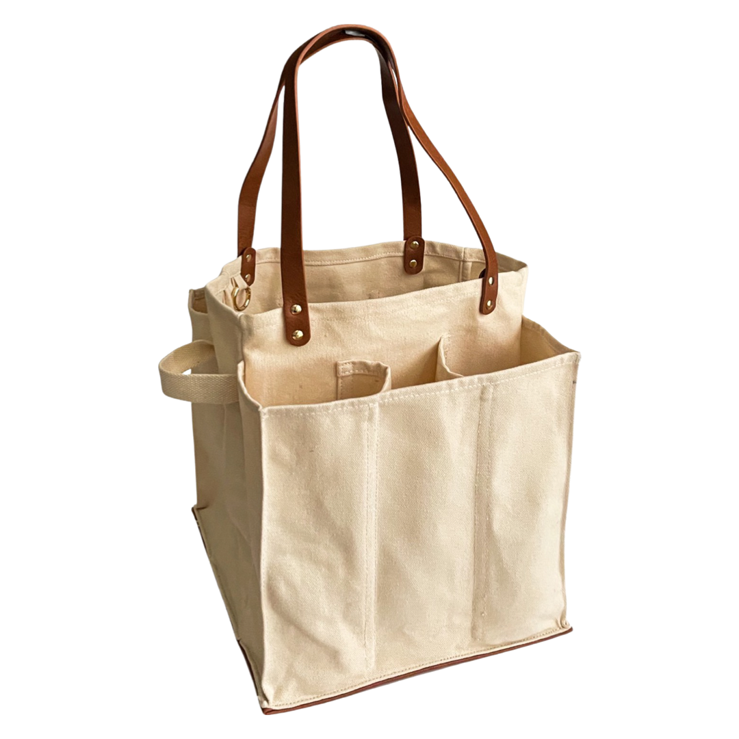 Heavy Canvas Tote Bag | Reusable Multi-Pocket Market Tote: Petrol Blue with Mustard Handles and Base