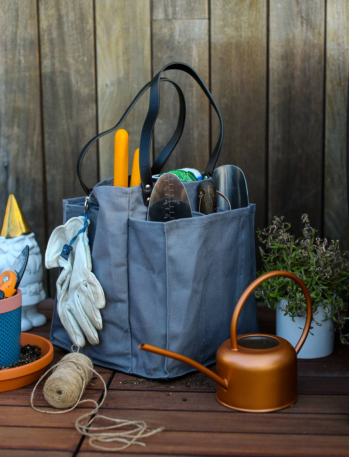 Heavy Canvas Tote Bag | Reusable Multi-Pocket Market Tote: Petrol Blue with Mustard Handles and Base