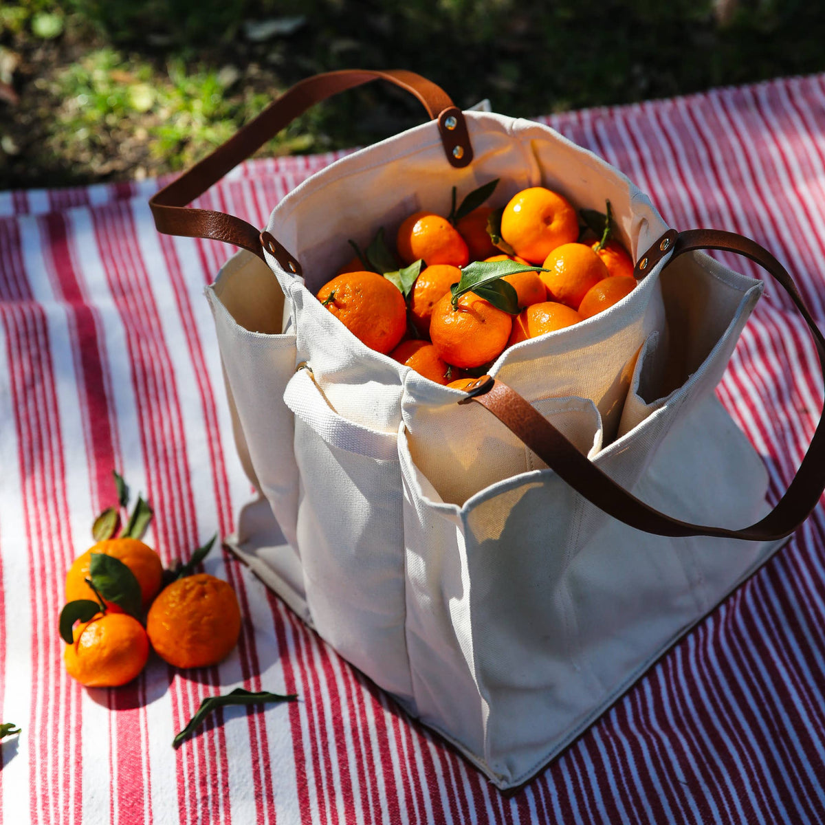 Heavy Canvas Tote Bag | Reusable Multi-Pocket Market Tote: Petrol Blue with Mustard Handles and Base