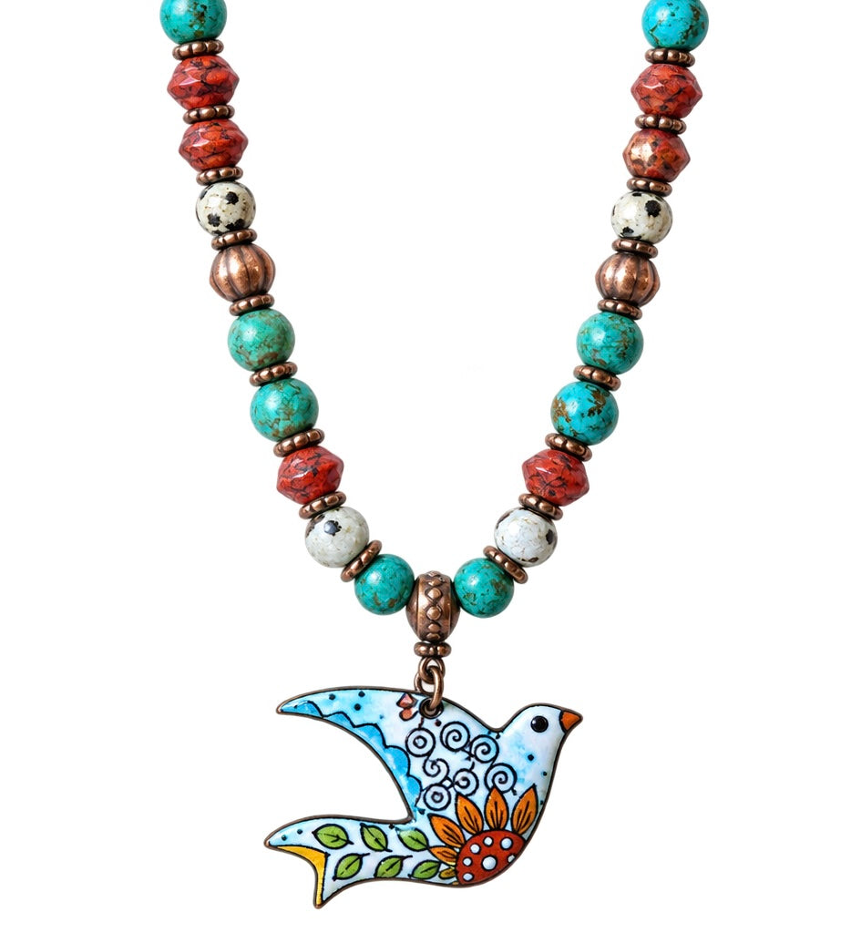 Colleen dela Torre Hand Painted enameled copper dove Pendant Necklace