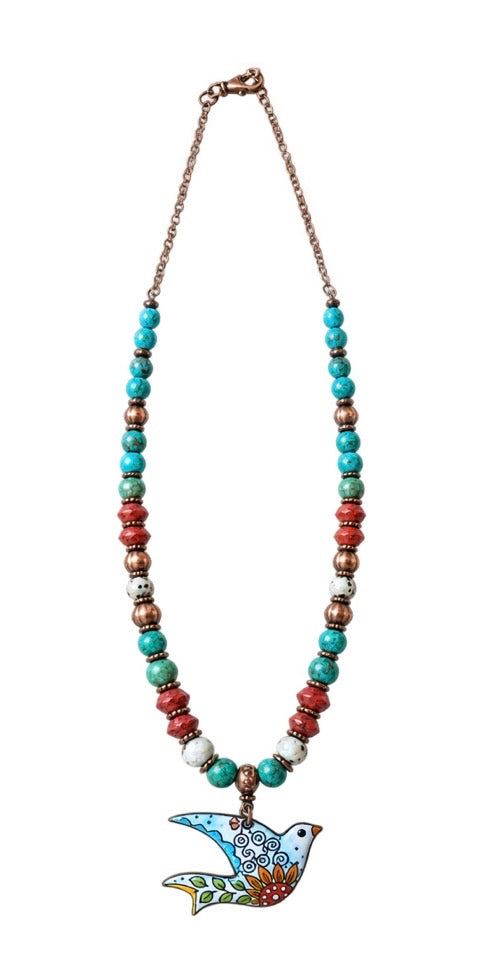 Colleen dela Torre Hand Painted enameled copper dove Pendant Necklace