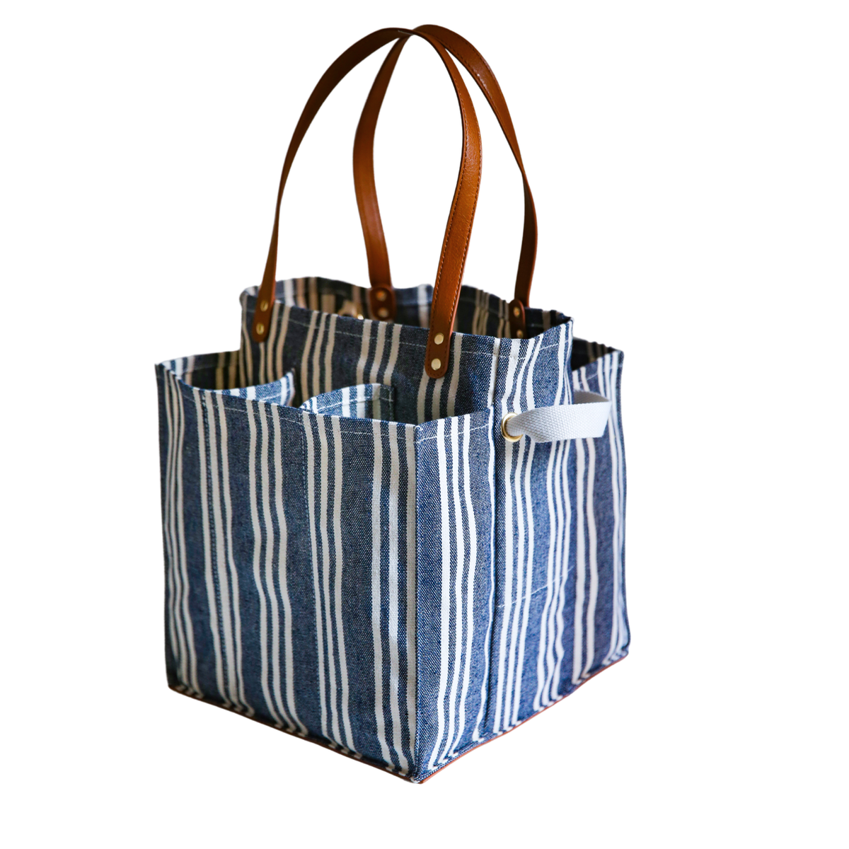 Heavy Canvas Tote Bag | Reusable Multi-Pocket Market Tote: Petrol Blue with Mustard Handles and Base