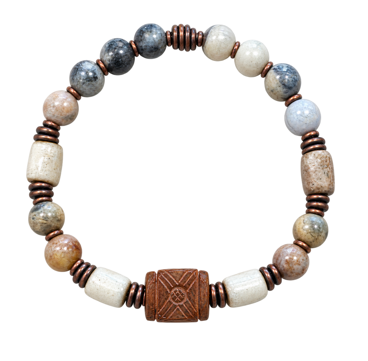 Colleen dela Torre Carved Stone with Lacey Agate and Copper and Wood Bracelet