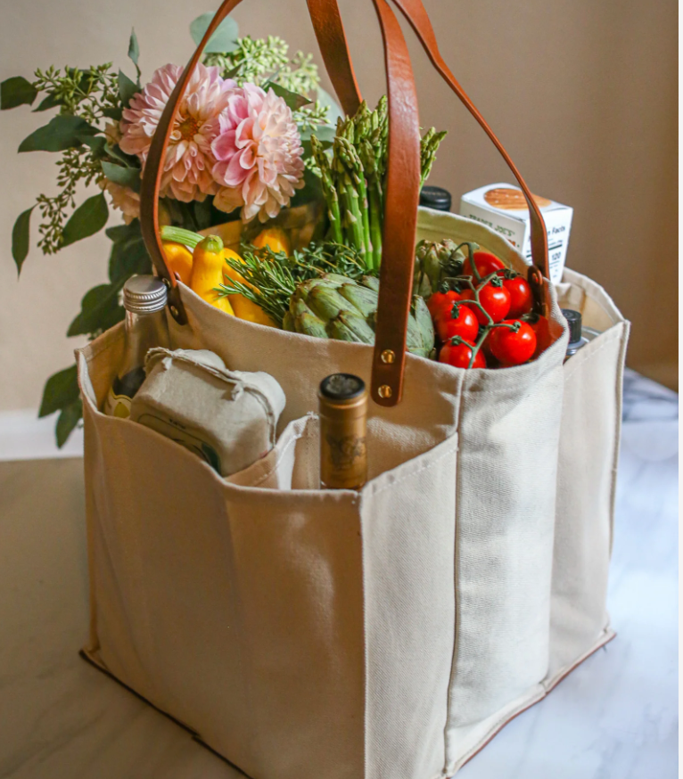 Heavy Canvas Tote Bag | Reusable Multi-Pocket Market Tote: Petrol Blue with Mustard Handles and Base