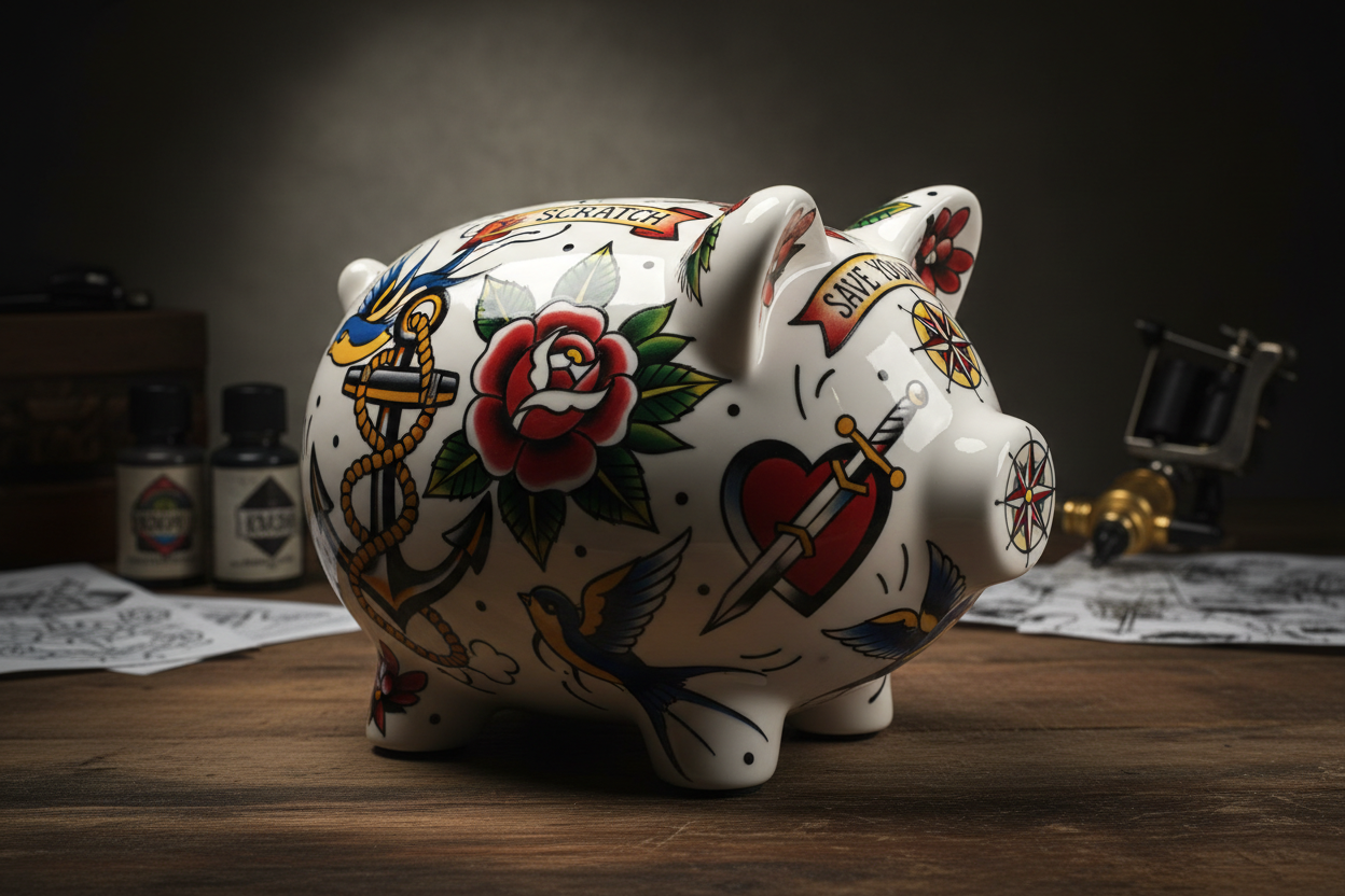 Can you create another variation that is a tatoo art version of a piggy bank?