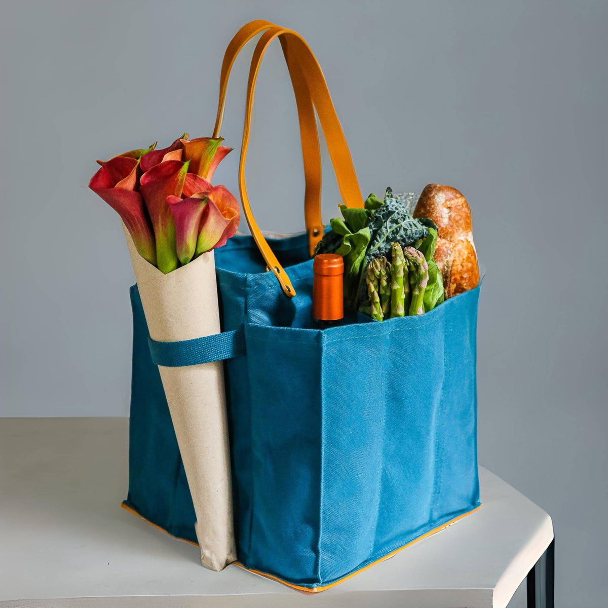 Heavy Canvas Tote Bag | Reusable Multi-Pocket Market Tote: Petrol Blue with Mustard Handles and Base