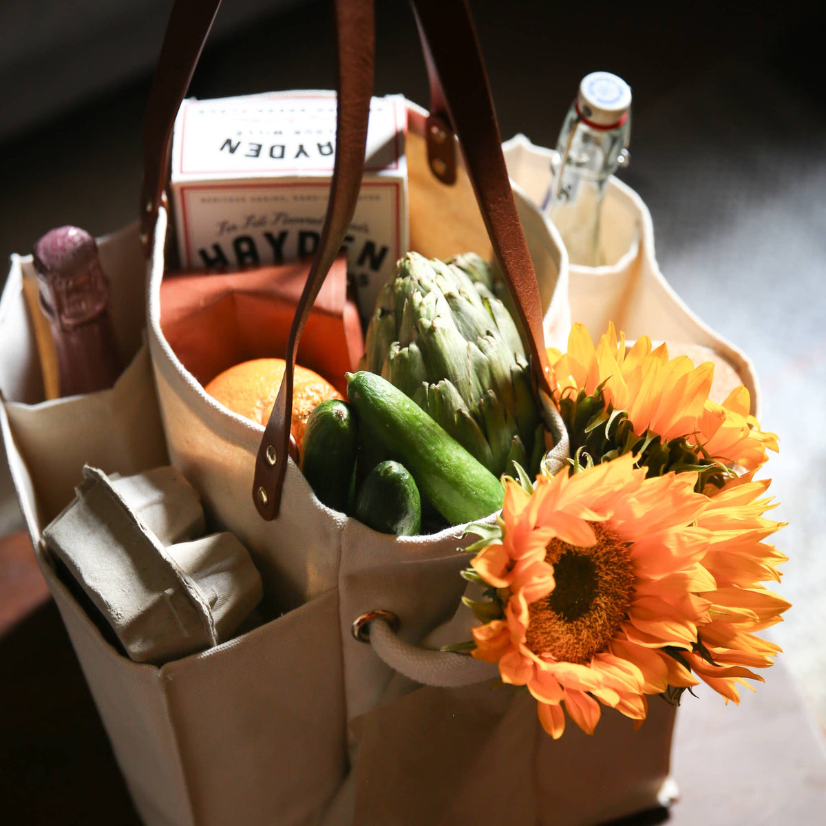 Heavy Canvas Tote Bag | Reusable Multi-Pocket Market Tote: Petrol Blue with Mustard Handles and Base