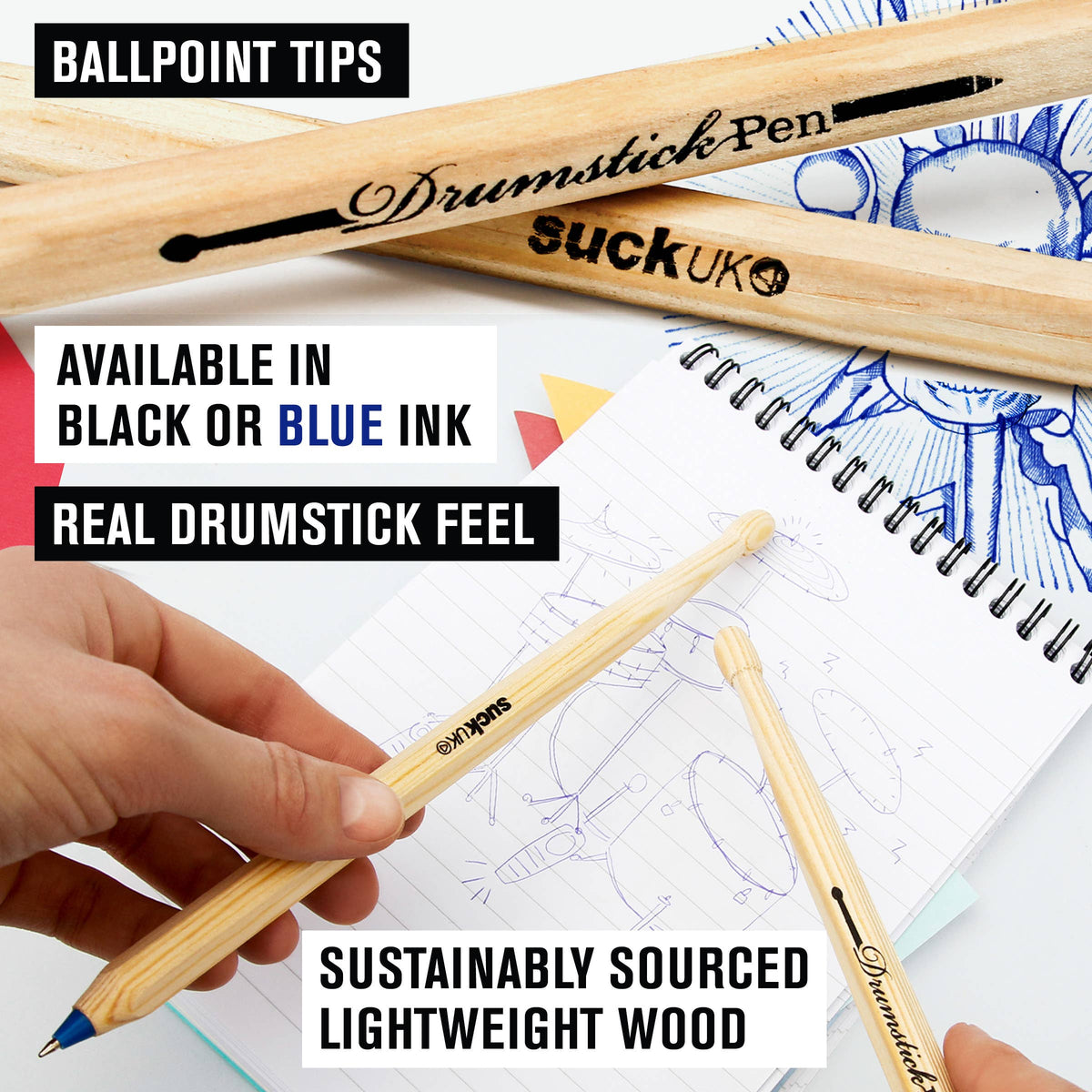 Drumstick Pens Blue - Wooden pens are also mini drumsticks