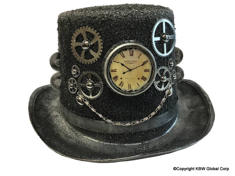 Silver Steampunk Clock Top Hat with Chain &amp; Gears