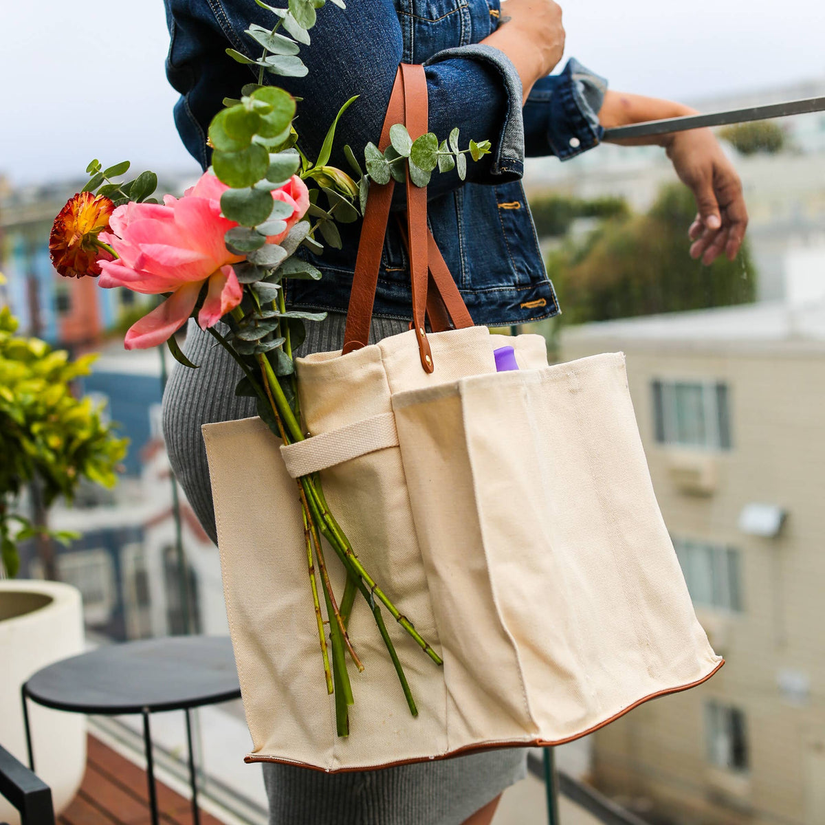 Heavy Canvas Tote Bag | Reusable Multi-Pocket Market Tote: Petrol Blue with Mustard Handles and Base