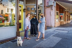 Three masked women in Calistoga. Napa Valley Fires. August 2020.